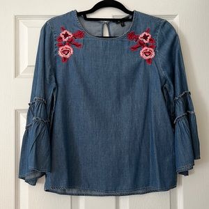Denim Flower Embroidered Express Top